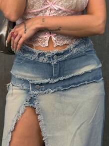 Y2K Vintage Washed Frayed Hem Asymmetric Hem Denim Skirt, Sexy Music Festival