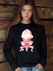 Camiseta de mujer de manga larga, cuello redondo, corte holgado y estampado de helado, amor y moño rosado para el Día de San Valentín, prenda de vestir de moda y de calle