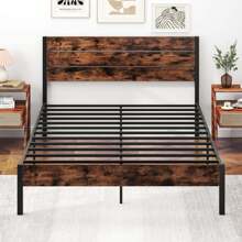 Lifezeal Twin/Full/Queen/King Bed Frame With Tall Industrial Headboard Heavy-Duty Metal Slats Support Brown