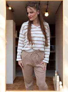 EverlyX Beige And White Striped Jersey Knit Set And Jogger Pants - Women's Fashion - Winter 2025 - Shipping From Spain In 24/48 Hours - Beige and White - View 4