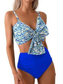 Women's Two Piece Bikini Bathing Suits Sleeveless Ruched Knot Cami Tops High Waist Thong Swimsuits