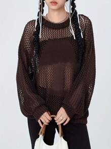 Women Hollow Out Crochet Knit Tops Solid Color Long Sleeve Round Neck Fall Sweaters - 咖啡色 - 查看 4