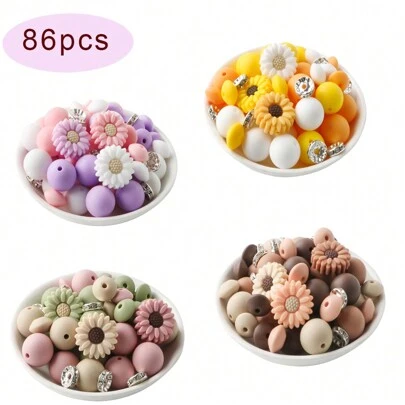 86pcs Silicone Daisy Flower And Round Bead Lentil Bead Combination Suitable For DIY Handicrafts, Jewelry Making, Keychains, And Home Decoration