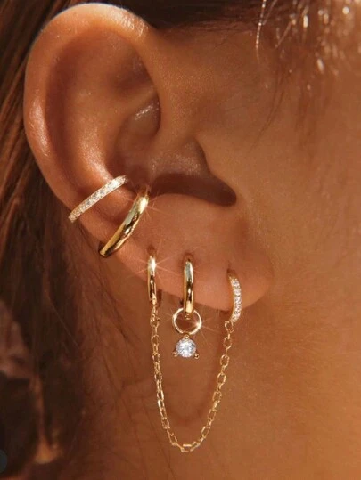 4 piezas de aretes tipo abrazadera en forma de C con cadena y circonita cúbica, adecuados para uso diario y de fiesta de las mujeres, joyería de cobre (sólo para una oreja)