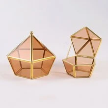 1pc New Tea-Colored Glass Jewelry Storage Box, 5-Side Open Cover Dust-Proof Glass Flower House With Preserved Flower Micro Landscape, For Wedding Ring - Brown - View 5