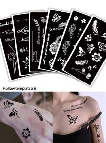6pcs Hollow Tattoo Stencils, Multi-Pattern Including Flowers, Butterflies, Roses, Stars, Hearts, Suitable For Couples, Waterproof & Wearable For Fingers, Ears, Shoulders, Necks, Collarbones, Unisex