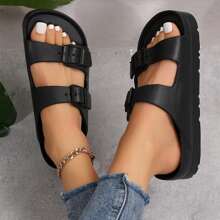 Women's Comfort  Stylish Solid Color Sandals Double Adjustable Buckle Bands Lightweight Beach Slides - Black - View 5