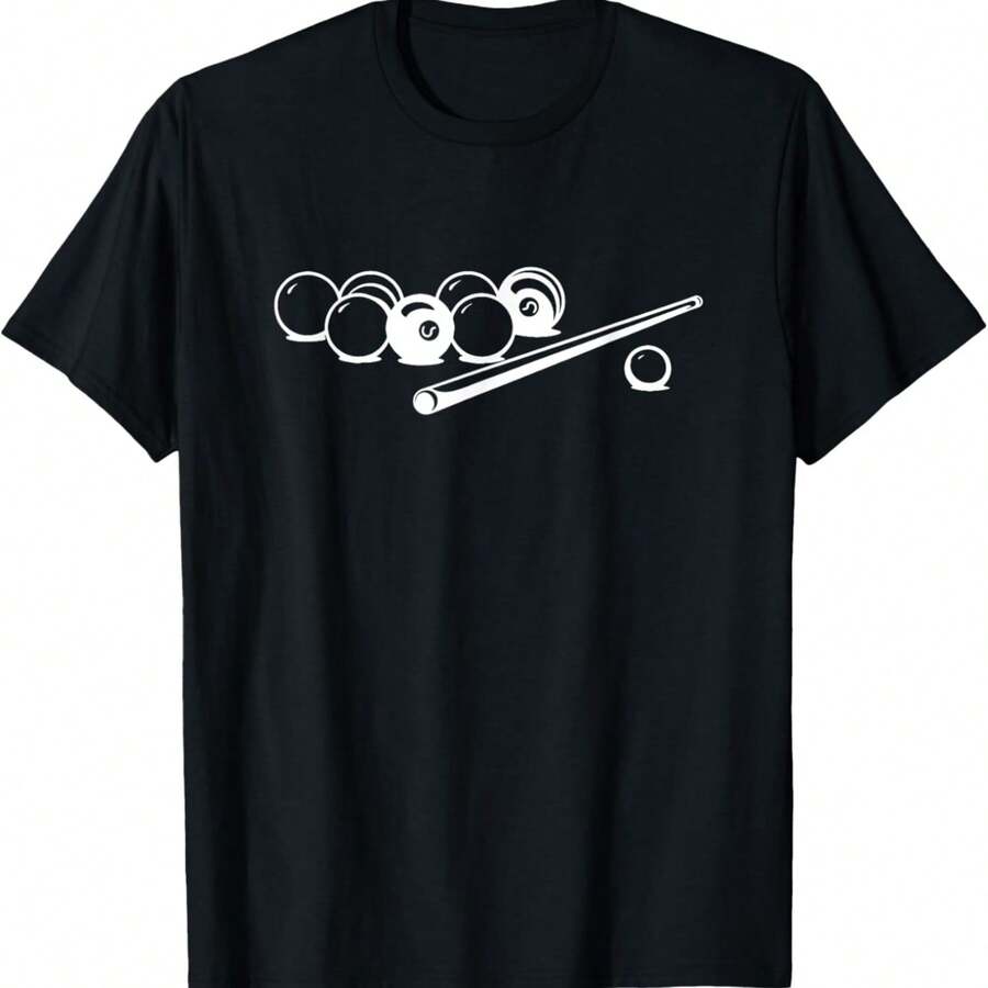 Billiard Balls And Cue Stick Drawing T-Shirt - Black - View 1