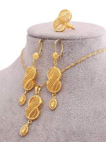 非洲镀金首饰套装 - 项链、吊坠、耳环、戒指，适合女性，法式迪拜派对、新娘、婚礼、妻子礼物