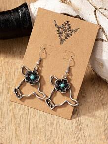 1 par de aretes colgantes de estilo vaquero/vaquera con cabeza de vaca del suroeste y piedra de turquesa en forma de relámpago para mujer