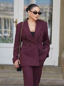 Chaqueta de blazer burdeos elegante para mujer, de manga larga con solapa entallada y doble botonadura, abrigo de vestir para oficina y negocios