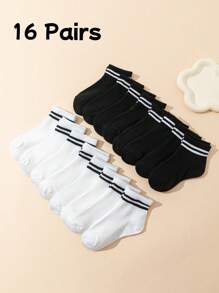 6pcs/10pcs/16pcs/20pcs Kids & Youth Black & White Striped Athletic Socks, Student Back To School Daily Casual Socks, Toddler Mid-Calf Socks 1-3Y