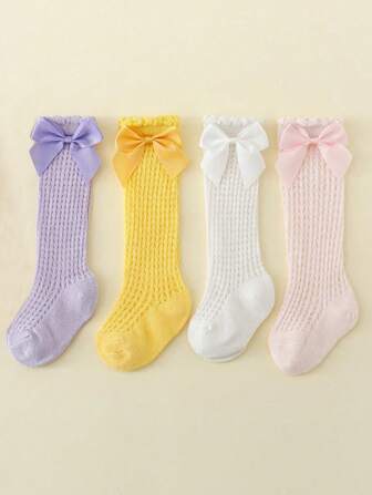 4 双女婴/幼儿丝带装饰甜美可爱网眼及膝袜，春夏搭配糖果色，适合女孩