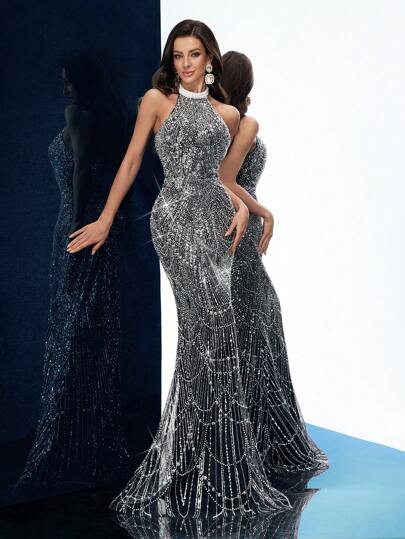 LUVISTRUE 气质女神亮片高档晚礼服女派对正式礼服毕业装适合酒会、联欢会、红毯、生日派对、毕业季舞会、颁奖典礼挂脖露背鱼尾下摆长裙