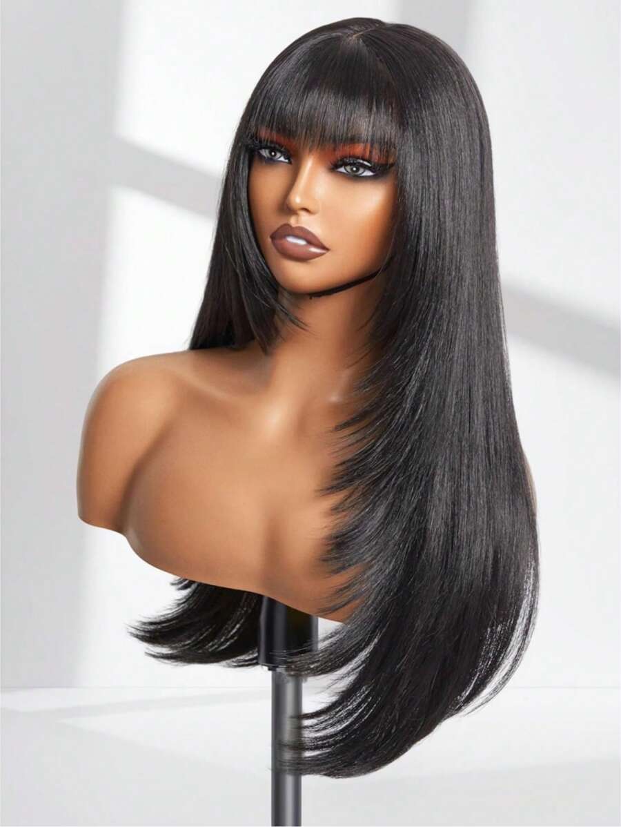 Glueless Black Wig With Bangs Long Straight Layered Wig Put On & Go Curtain Bangs Highlight Brown Long Straight Layered Wig With Bangs Mixed Brown Wear And Go Glueless Wig 28 Inch Long Straight Synthetic Wig For Women Daily Use - Black - View 1