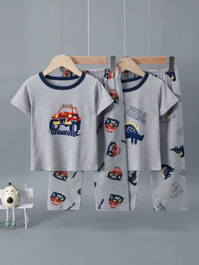 4pcs Toddler Boys' Cartoon Truck & Dinosaur Print Short Sleeve Top & Pants Pajamas Set, Lightweight For Spring/Summer