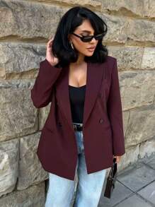 Women Eleagnt Burgundy Blazer Jackets Fashion Long Sleeve Notch Lapel Double-Breasted Coat Office Lady Work Business Outerwear - Burgundy - View 4