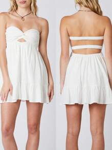 Women Twisted Tube Dress Ruched Boat Neck Cut-Out Backless Sleeveless Double Pockets Flowy Ruffled Dresses - 白色 - 查看 2
