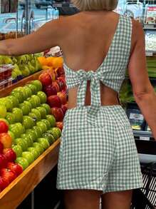 Conjunto casual de 2 piezas para mujer: top sin mangas de un solo hombro + shorts de cintura alta. Ropa de estar por casa de 3 piezas. - Verde - Ver 3