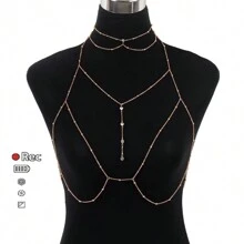 Sexy Rhinestone Beaded Body Chain, Women's Sexy Body Jewelry, Sparkling Pendant Tassel Necklace, Sexy Chest Chain, Stylish Sexy Elegant Chain For Women, Elegant Sexy Women Necklace