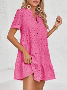 Vestido de verano con encaje y ojales para mujer de Larisa, estilo babydoll fluido, con escote en V y manga corta - Rosa Fucsia - Ver 3