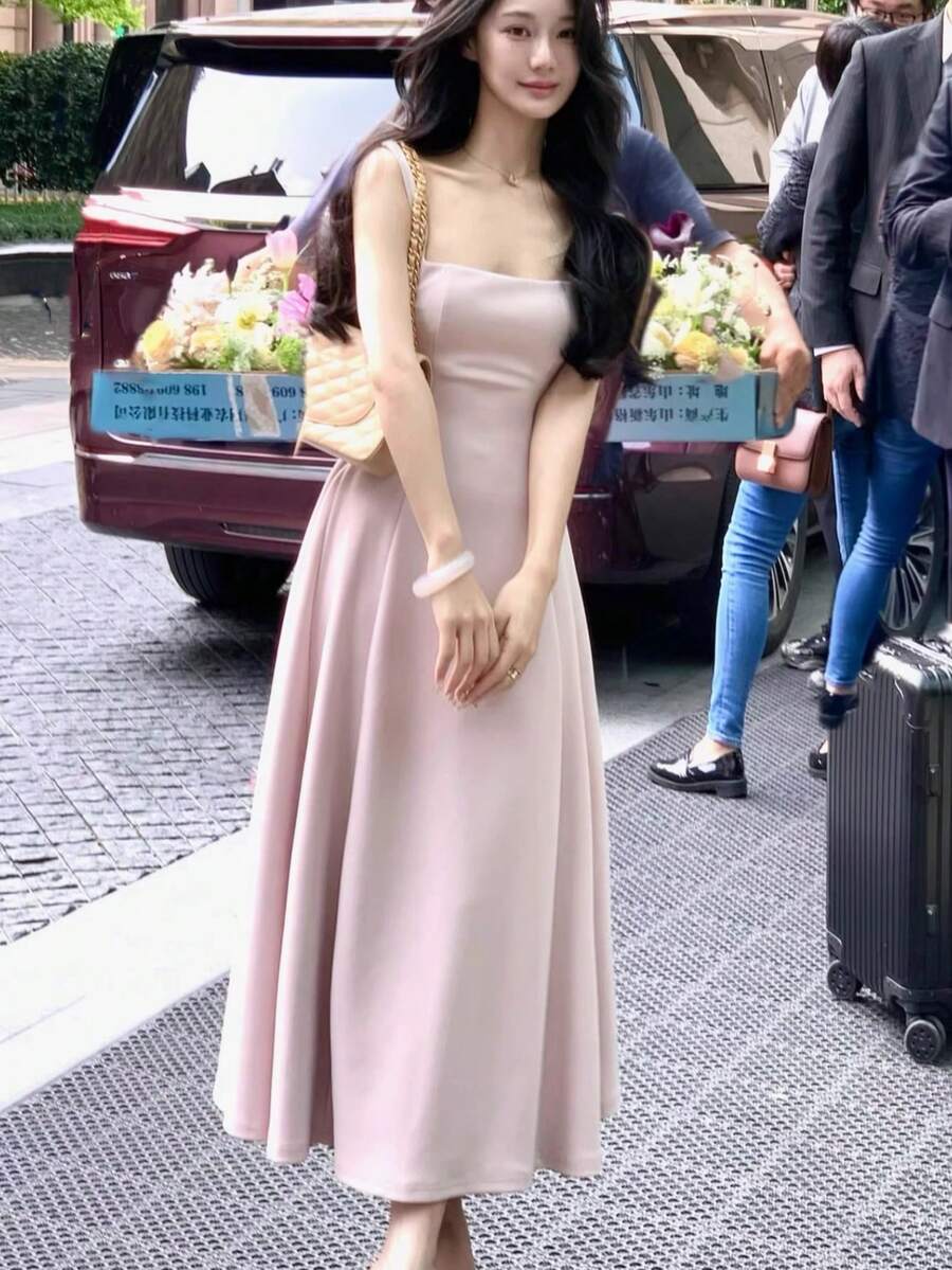 Romantic Pink Square Neck Elegant A-Line Sleeveless Midi Spring Summer Graduation Dress - Baby Pink - View 1