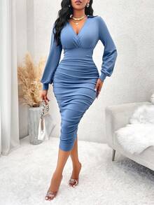 V-Neck Ruched Side Party Mini Bodycon Dress - Baby Blue - View 5