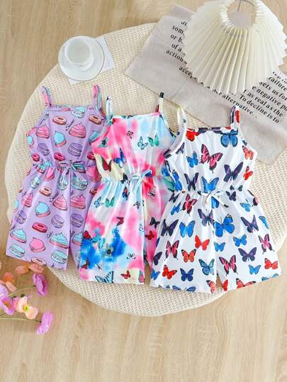 3pcs Set Young Girl Fashion Casual Butterfly/Sweet Print Cover-Up & Jumpsuit, Suitable For Outdoor Spring Summer