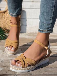 Women's Wedge Platform Sandals, Summer Rope Woven Open Toe Criss-Cross Breathable Slides, Casual Fashion Versatile Strap Sandals