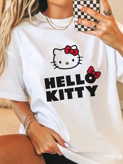 SANRIO 1 Pc Hello Kitty Women Casual Cartoon Print Round Neck Short Sleeve T-Shirt Graphic Shoulder Tees Women Tops Loungewear Base Layers Summer Outfits For Women