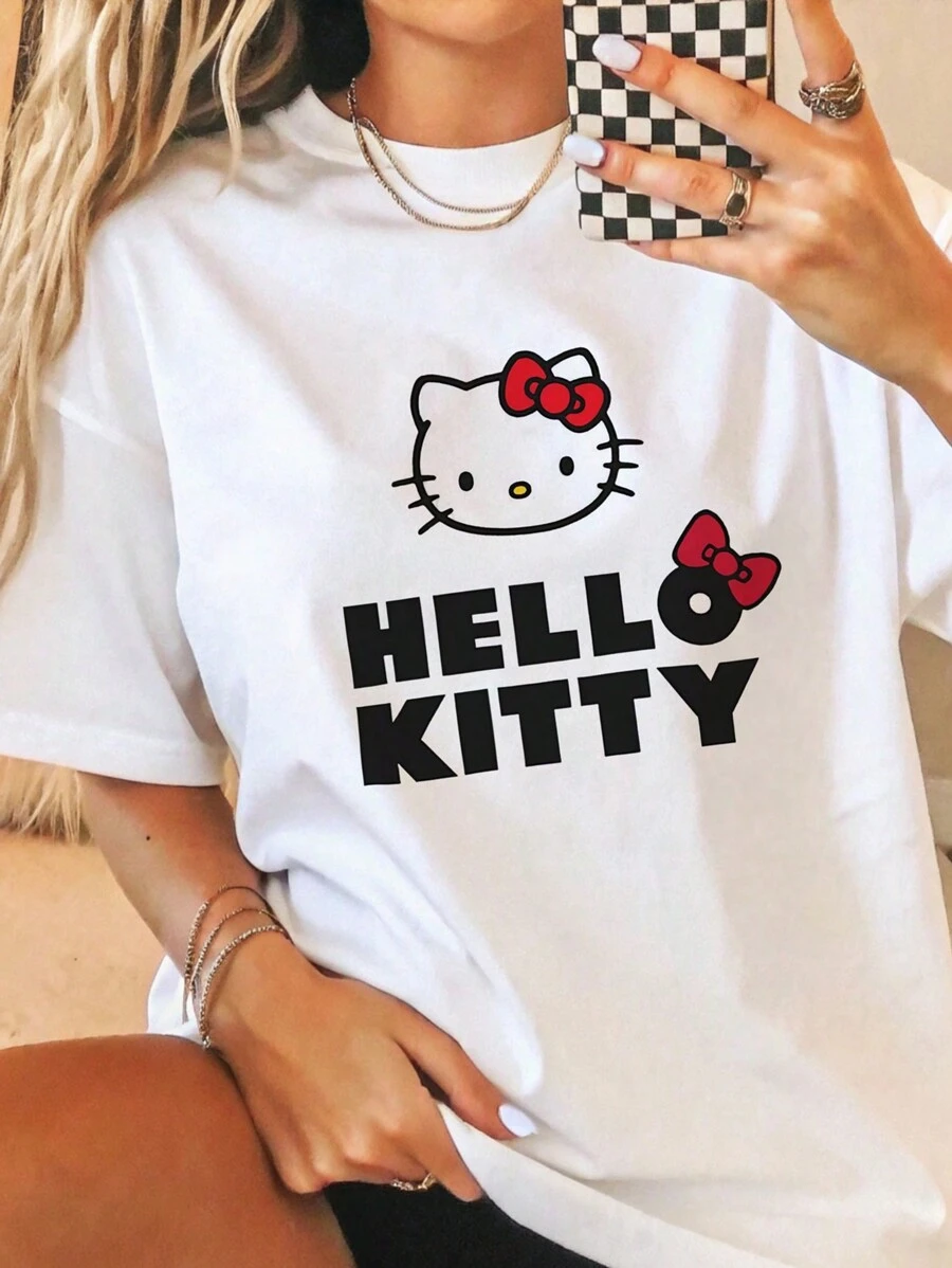 Hello Kitty 女款 T恤、睡衣、趣味上衣、度假夏季穿搭、趣味睡衣、服飾、睡袍、居家休閒圖案 T恤 - 白色 - 查看 1