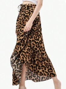 Women Boho Print High Waist Side Wrap Bohemian Asymmetric Hem Maxi Long Skirt - Màu da báo - Xem 1