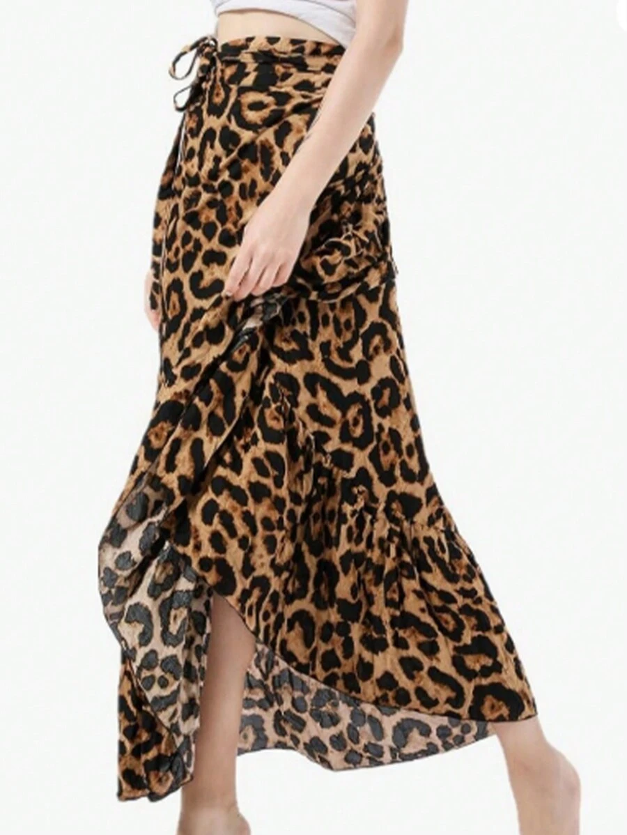 Women Boho Print High Waist Side Wrap Bohemian Asymmetric Hem Maxi Long Skirt - Màu da báo - Xem 1