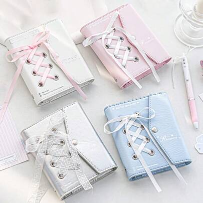 Rosyposy 1個 エレガントリボンノート - 女性用封筒ジャーナル ディスプレイウィンドウ付き、フェイクレザーカバー、レースアップディテール、かわいいジャーナルノート、スクールサプライ、新学期