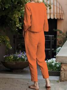 SANOPY Sweatsuits Women 2 Piece Outfit,Jumpsuits For Women,Cotton Pajamas For Women Set,Womens Long-Sleeved Trousers Casual Solid Color Suit Pant Pocket Casual Two-Piece Suit - 橘色 - 查看 4