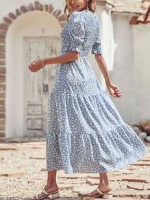 Women Casual Summer Crew Neck Ruffle Short Sleeve Floral Print Polka Dots Smocked Dress Button Keyhole Back Spring Boho Bohemia Tropical Flowy Beach Holiday Vacation Valentine Long Maxi Dress - 淺藍色波點 - 查看 2