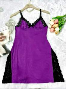Váy ngủ ren hồng dây mảnh, cổ chữ V sâu xẻ tà lãng mạn cho nữ - Màu tím - Xem 7