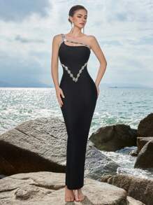 ADYCE 女士水钻装饰不对称领口无袖高腰露背正式晚礼服、派对礼服、婚礼宾客礼服、晚礼服