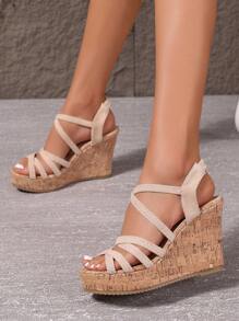 Women's Summer Strap Soft Cork Platform Sandals - Open Toe Design, High Thick Bottom Khaki Color Wedge Sandals, Casual Beach Essential, Woven Sandals