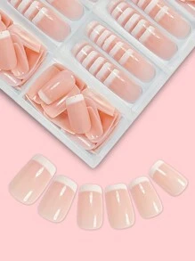 120 片中号方形美甲按压式指甲，简约优雅的白色粉色渐变假指甲，时尚奶油色渐变桃粉色渐变假指甲，全覆盖假指甲套装，适合女性和女孩，1 片果冻凝胶 + 1 条锉刀果冻凝胶，随机发货，美甲用品，指甲