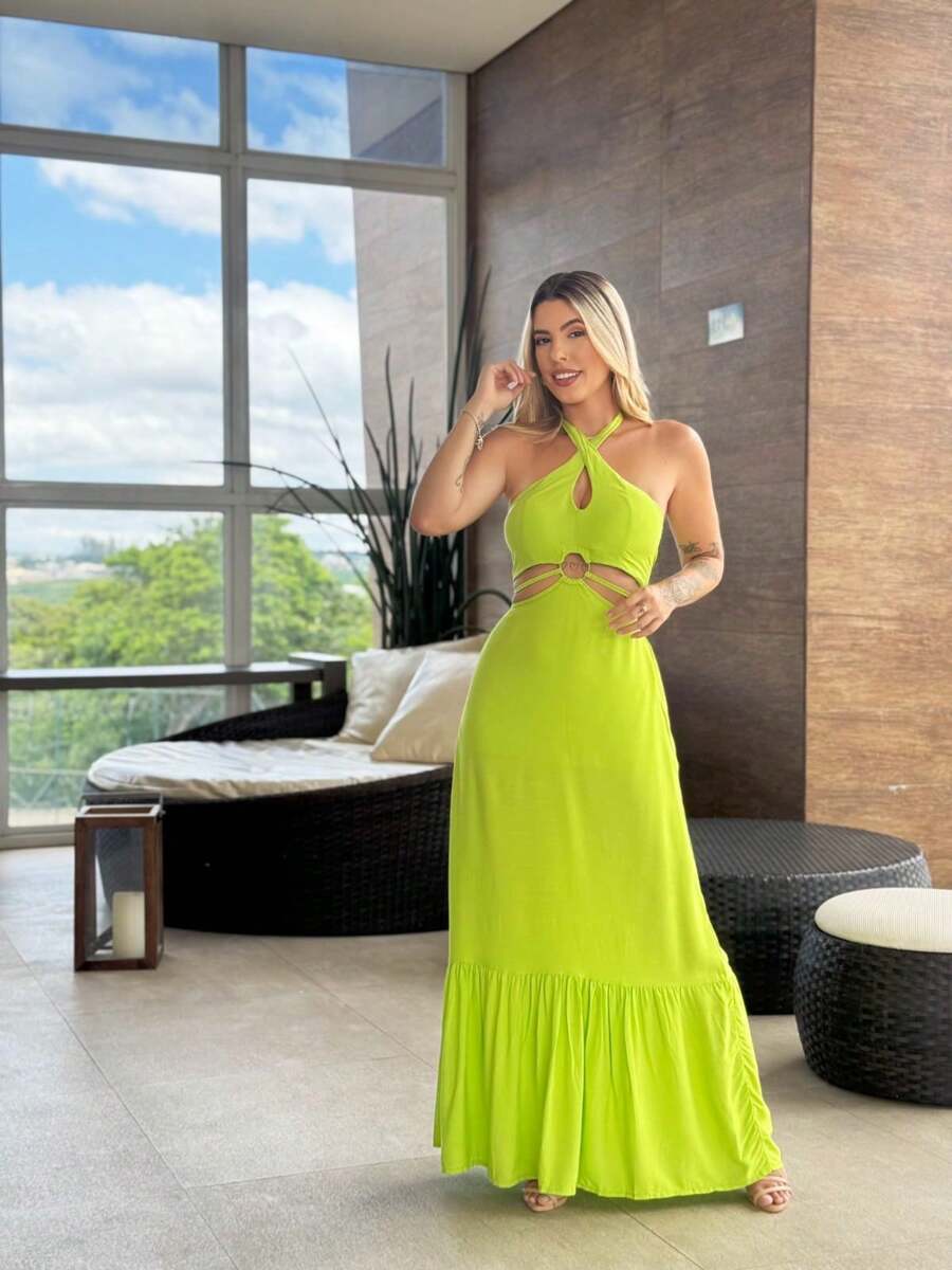 LONG DRESS WITH CUTOUT. - Lime Green - View 1