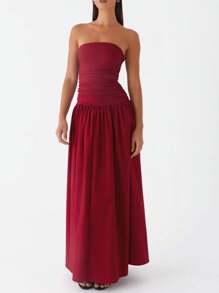 Women Tube Top Maxi Dress Elegant Sleeveless Strapless Ruched Flowy Dress Summer Long Wedding Party Cocktail Dresses - Red - View 2