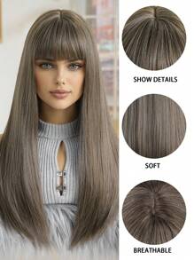 Tóc giả dài thẳng màu nâu pha trộn 22 inch có mái, tóc giả bện sợi tổng hợp, tóc giả thời trang dành cho nữ, phù hợp cho các bữa tiệc, ngày lễ, nhập vai, kỳ nghỉ và sử dụng hàng ngày. - màu nâu - Xem 8