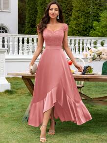 MIUSOL 花卉蕾丝甜心领盖袖缎面不对称荷叶边下摆晚会长裙婚礼宾客礼服