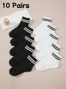 6pcs/10pcs/16pcs/20pcs Kids & Youth Black & White Striped Athletic Socks, Student Back To School Daily Casual Socks, Toddler Mid-Calf Socks 1-3Y