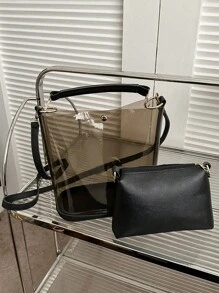 透明果冻托特包、沙滩包、女士时尚多件套包、手提包、单肩包、斜挎包 - 黑色 - 查看 7