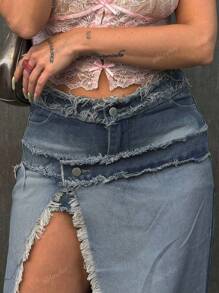 Y2K Street Vintage Edge Washed Frayed Ripped Raw Tirm Asymmetrische Zoom Tweezijdige Draag Bodycon Denim Rok Knoopsluiting Om Denim Mini Rok Te Laten Zien Hottie Festival Outifts
