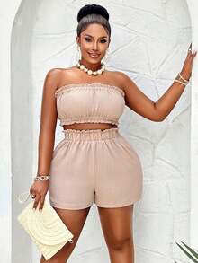 Conjunto de top tubo y shorts de unicolor para mujer talla grande - Crema - Ver 5