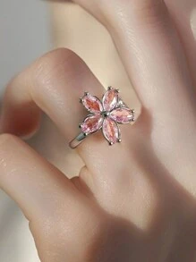 新款旋转粉色水钻樱花戒指女款，小众设计，个性戒指，时尚百搭配饰