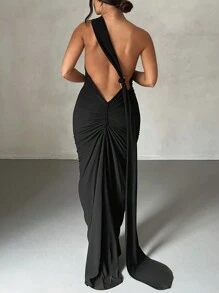 女士春夏露背拼布褶皱无袖单肩长裙优雅性感派对礼服舞会服装